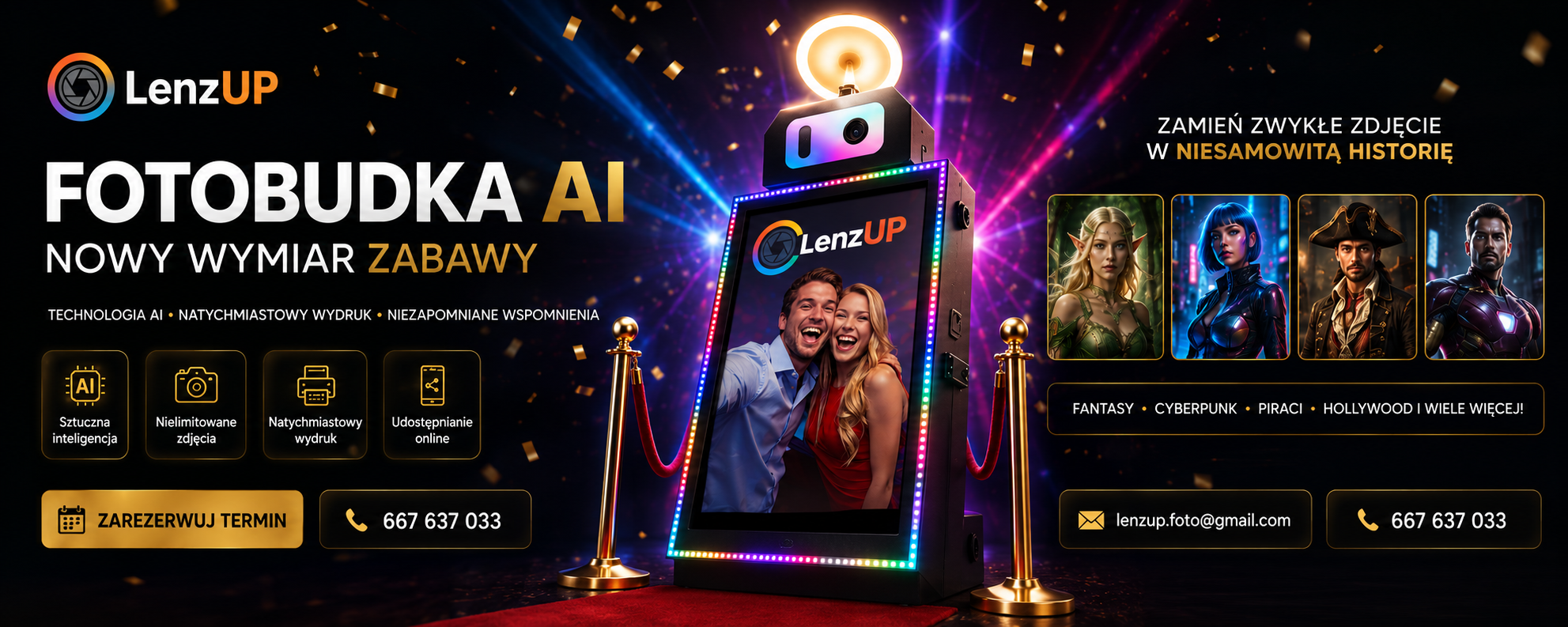 Baner LenzUP z fotobudką AI i przykładami kreatywnych stylizacji